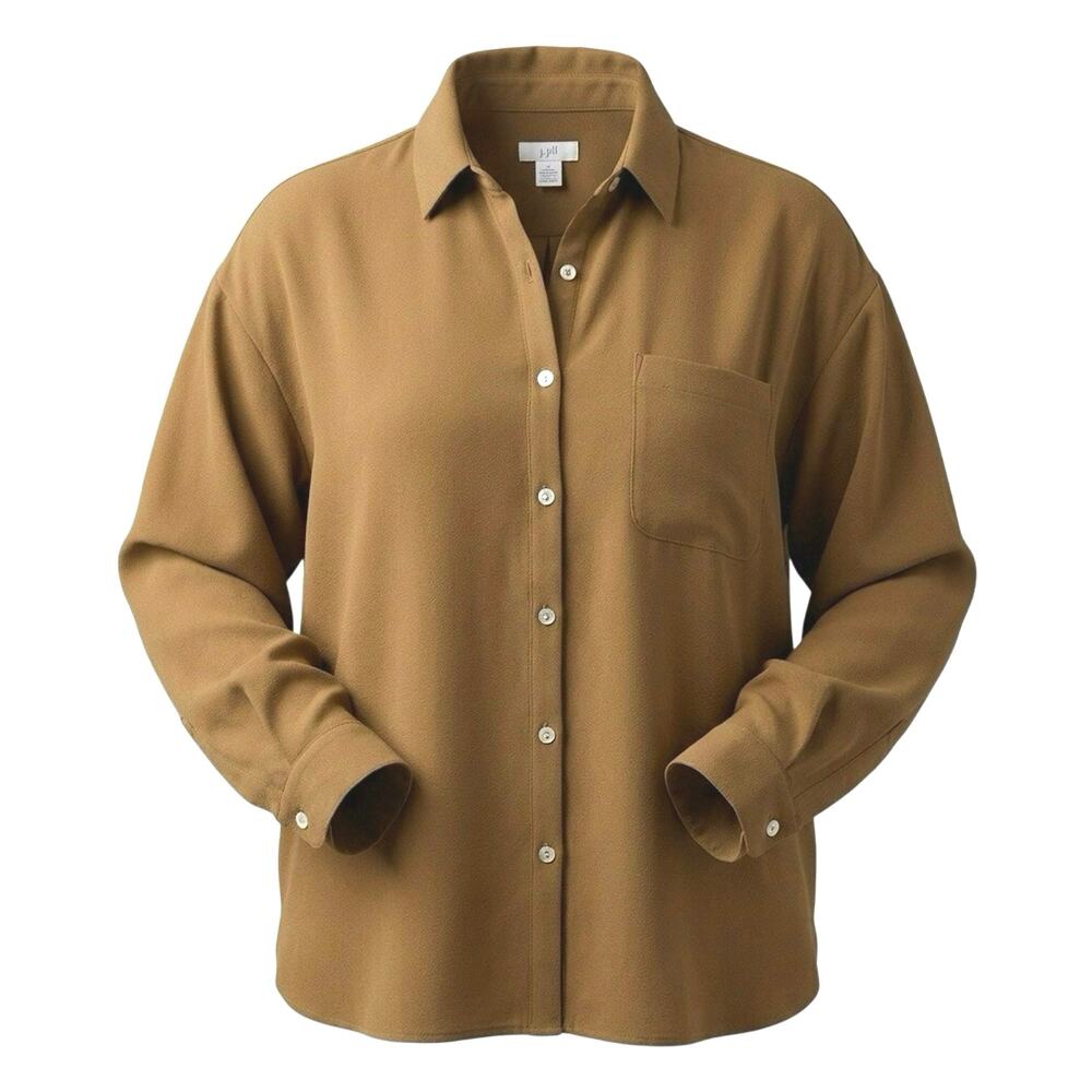 J. Jill Women's XL Button Up Shirt Blouse Tan Camel Crepe Minimalist Modern